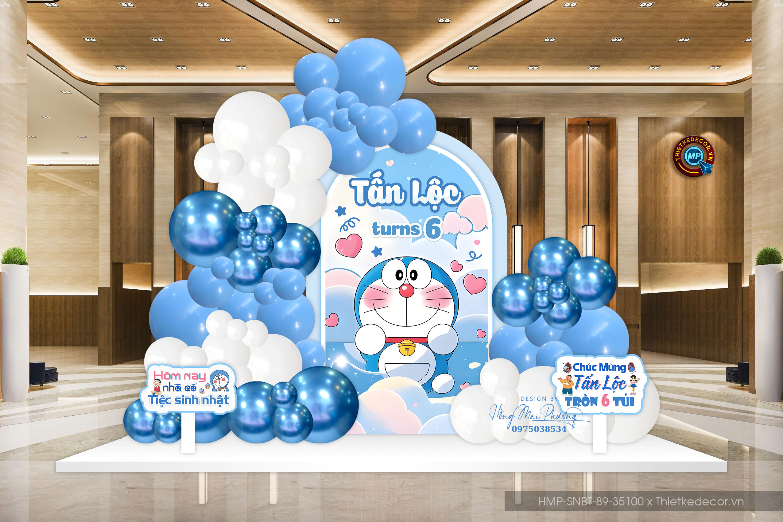 Sinh nhật bé trai tone xanh chủ đề doreamon